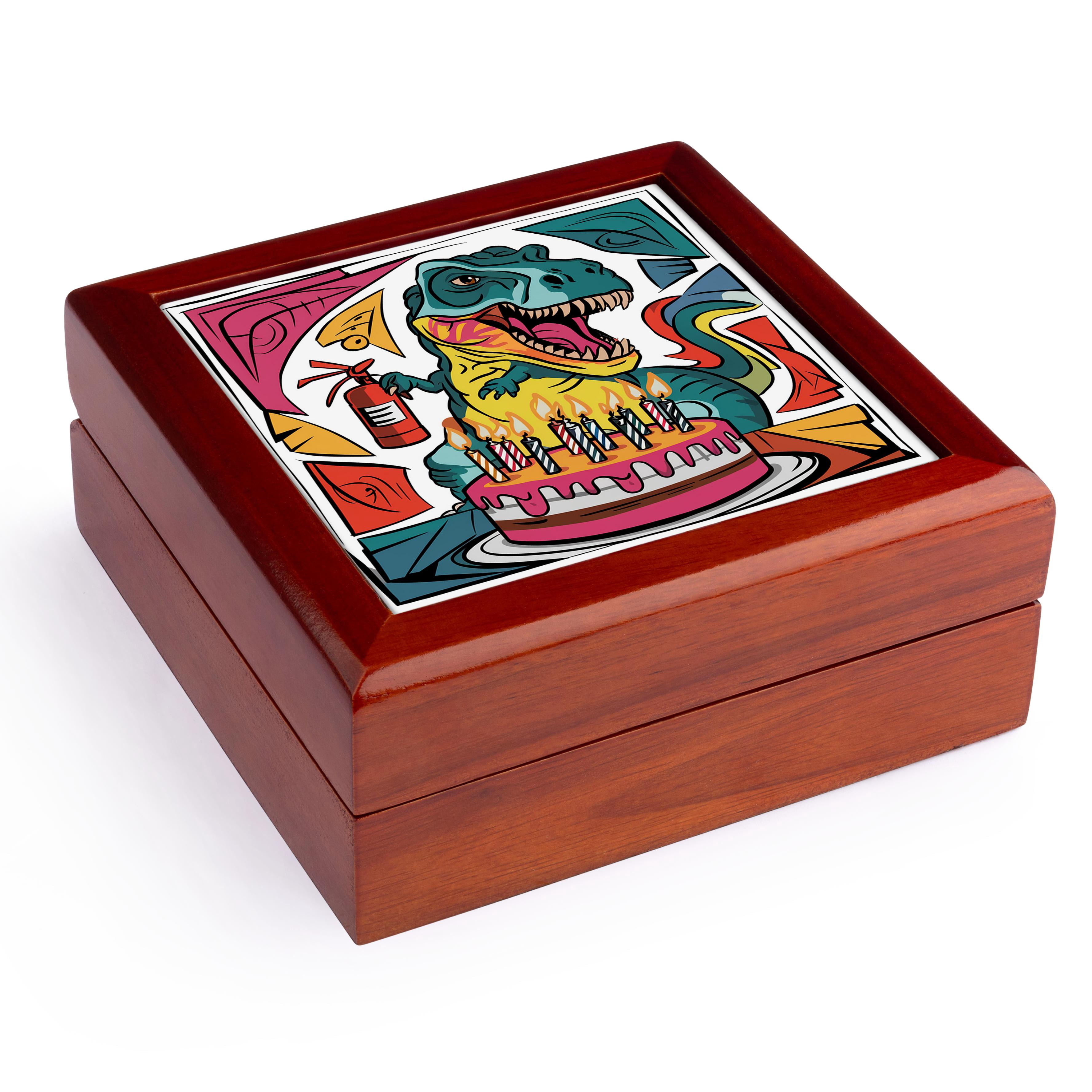 3dRose, Funny Abstract Birthday T-rex Dinosaur using Fire Extinguisher on Cake, Jewelry Box 5.5x5.5 inch with 4 inch tile