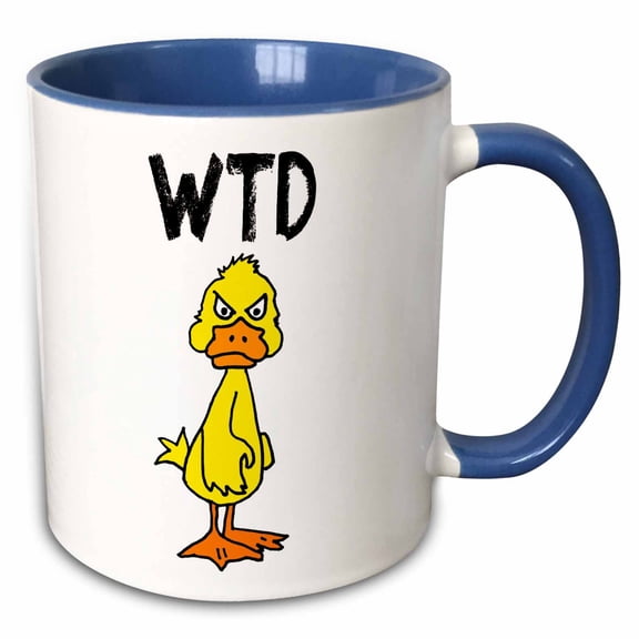 3drose, Funny Angry Yellow Duck Wtd What the Duck Pun Cartoon, 15oz Two-tone Blue Mug