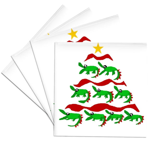 3dRose, Funny Artsy Green Alligators Christmas Tree, Set of 4 Ceramic Tile Coasters