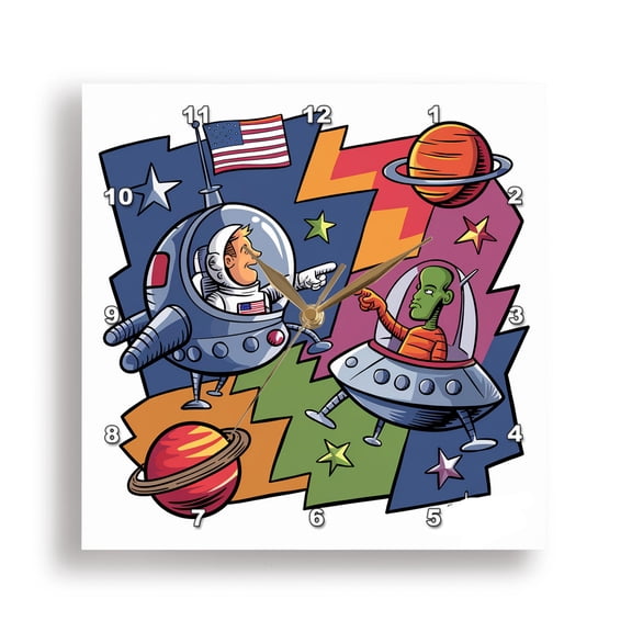 3dRose, Funny Astronaut in Spaceship pointing at Martian Space Alien Satire, 15x15 Wall Clock