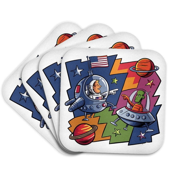 3drose, Funny Astronaut in Spaceship Pointing at Martian Space Alien Satire, Set of 4 Coasters - Soft