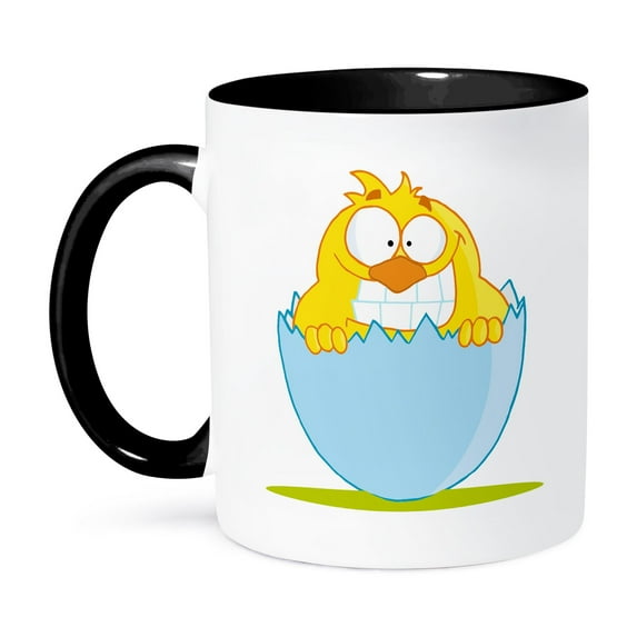 3dRose, Funny Baby Chick Hatching From Egg, 11oz Two-Tone Black Mug