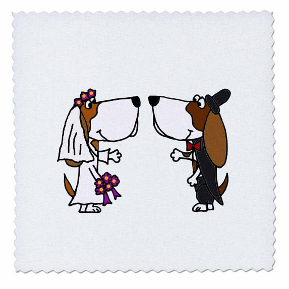 3dRose, Funny Basset Hound Dogs Bride and Groom Wedding Cartoon, 12x12 inch quilt square