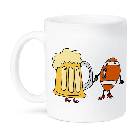 3dRose, Funny Beer Mug Holding Hands with Football Sports Cartoon, 11oz Mug