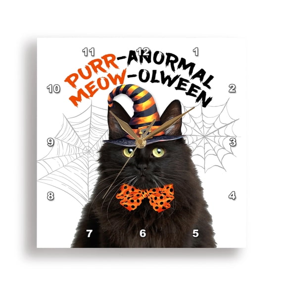3dRose, Funny Black Fluffy Cat with Witch Hat Dressed for Halloween, 15x15 Wall Clock