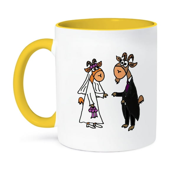 3dRose, Funny Bride and Groom Goat Wedding Cartoon, 11oz Two-Tone Yellow Mug