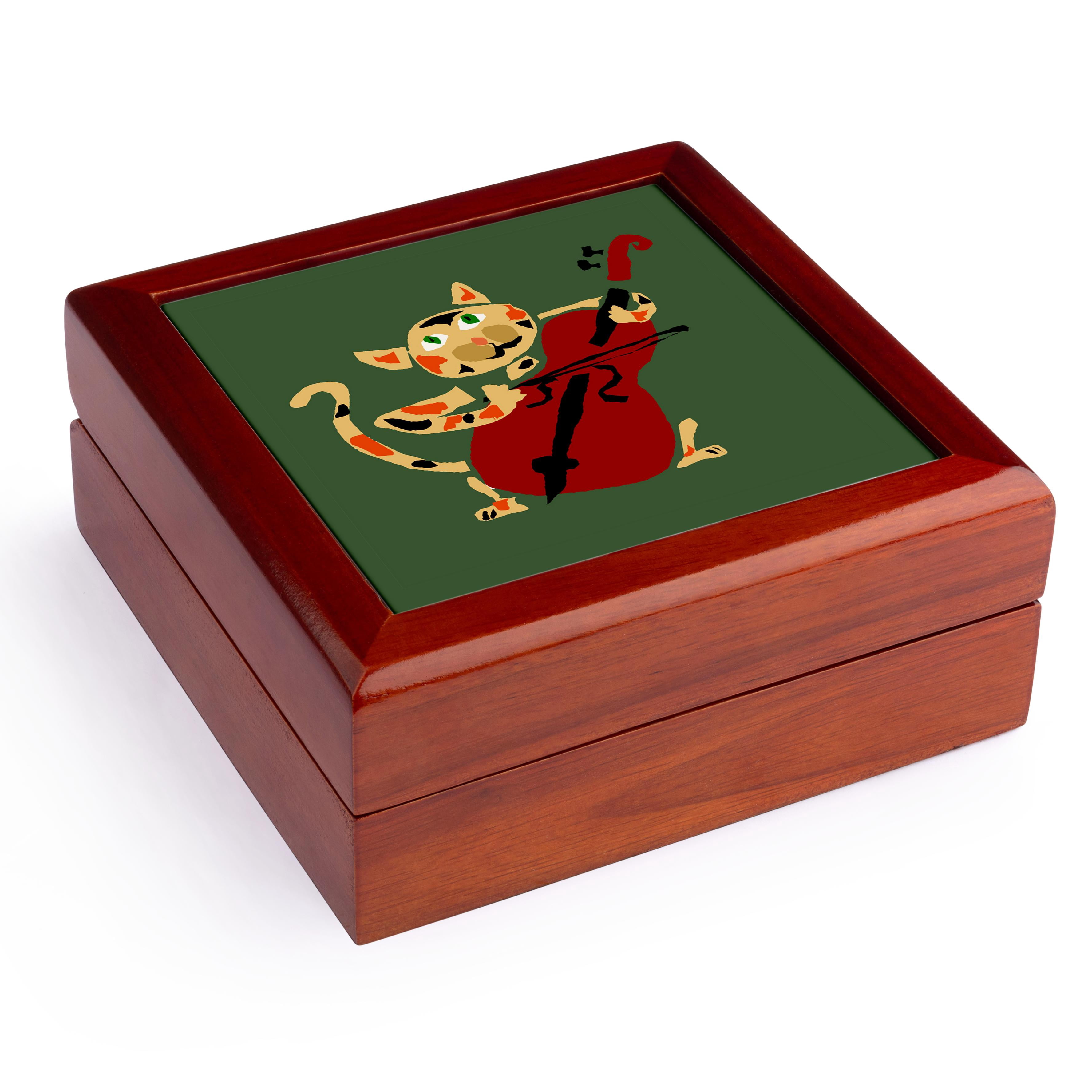 3dRose, Funny Calico Cat Playing Red Cello, Jewelry Box 5.5x5.5 inch with 4 inch tile
