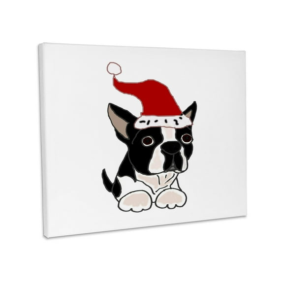 3dRose, Funny Christmas Boston Terrier Dog in Santa Hat, Museum Grade Canvas Wrap 14x11