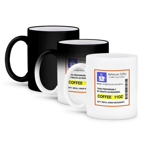 3dRose, Funny Coffee Prescription. humorous prescribed caffeine. joke medicine, 11oz Magic Transforming Mug