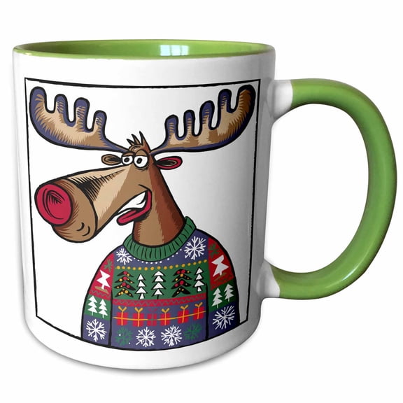 3drose, Funny Colorful Moose Wearing Ugly Christmas Sweater Merry Christmas, 11oz Two-tone Green Mug