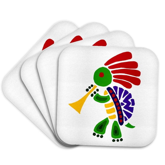3dRose, Funny Colorful Turtle Dancing Kokopelli and Playing Horn, Set of 4 Coasters - Soft
