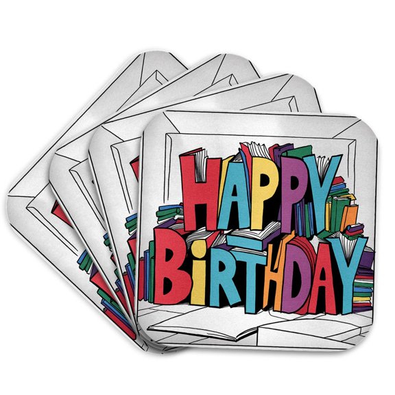 3drose, Funny Cool Abstract Happy Birthday Text and Books for Readers, Set of 4 Coasters - Soft