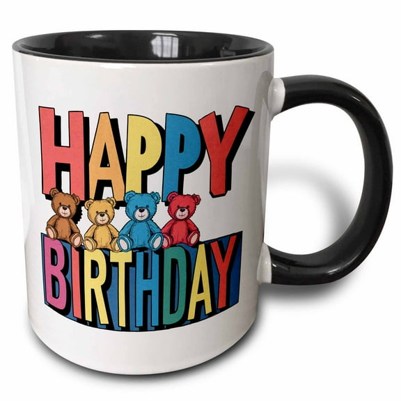 3drose, Funny Cool Abstract Happy Birthday Text and Colorful Teddy Bears, 15oz Two-tone Black Mug