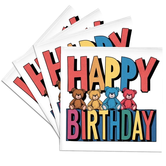 3drose, Funny Cool Abstract Happy Birthday Text and Colorful Teddy Bears, Set of 4 Ceramic Tile Coasters