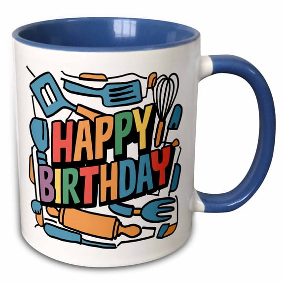 3drose, Funny Cool Abstract Happy Birthday Text and Cooking Chef Tools, 11oz Two-tone Blue Mug