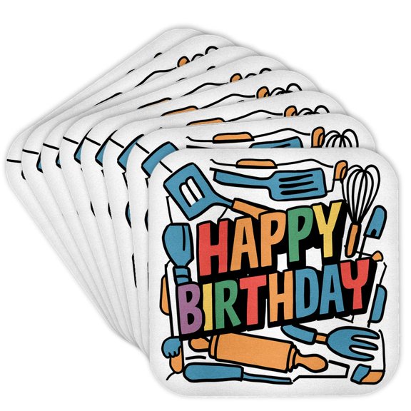 3drose, Funny Cool Abstract Happy Birthday Text and Cooking Chef Tools, Set of 8 Coasters - Soft
