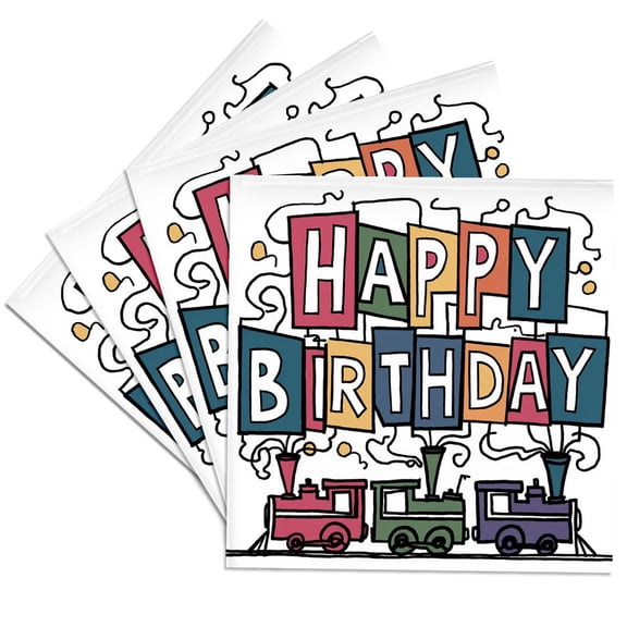 3drose, Funny Cool Abstract Happy Birthday Text and Trains Steam Engines, Set of 4 Ceramic Tile Coasters