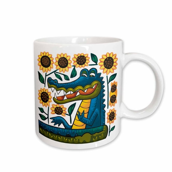 3drose, Funny Cool Alligator with Sunflowers Animals Gators Cubism Abstract, 15oz Mug