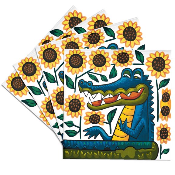 3drose, Funny Cool Alligator with Sunflowers Animals Gators Cubism Abstract, Set of 4 Ceramic Tile Coasters