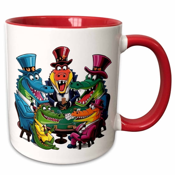 3drose, Funny Cool Alligators Playing Poker Card Game Gambling Abstract, 11oz Two-tone Red Mug