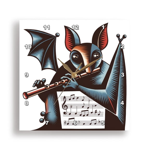 3dRose, Funny Cool Bat Playing Flute Music Abstract Cubism Halloween, 10x10 Wall Clock
