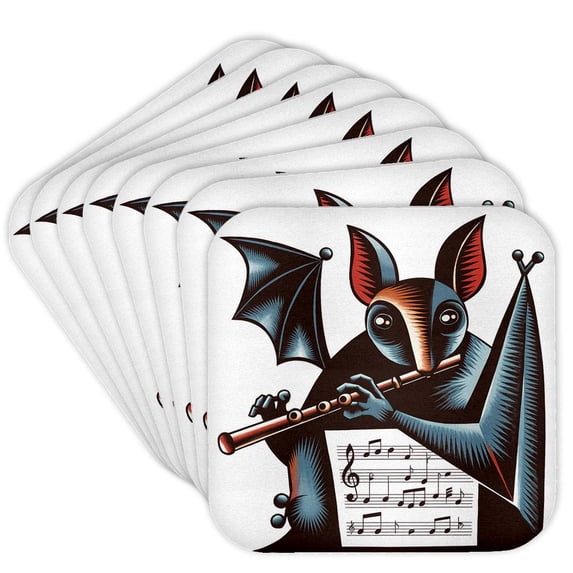 3dRose, Funny Cool Bat Playing Flute Music Abstract Cubism Halloween, Set of 8 Coasters - Soft