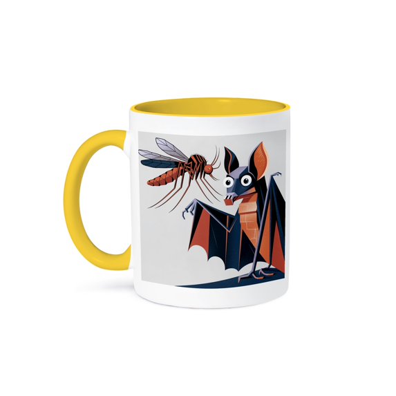 3dRose, Funny Cool Bat eating Giant Mosquito Halloween Satire Abstract, 15oz Two-Tone Yellow Mug