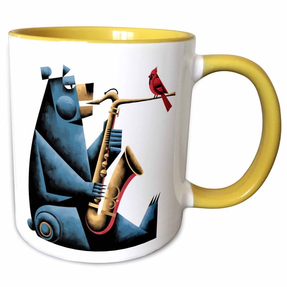 3drose, Funny Cool Bear Playing Saxophone Jazz Music and Cardinal Abstract, 11oz Two-tone Yellow Mug