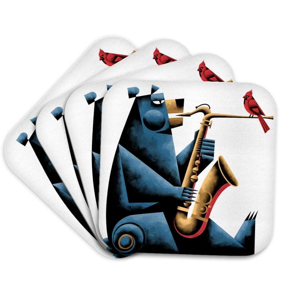 3drose, Funny Cool Bear Playing Saxophone Jazz Music and Cardinal Abstract, Set of 4 Coasters - Soft