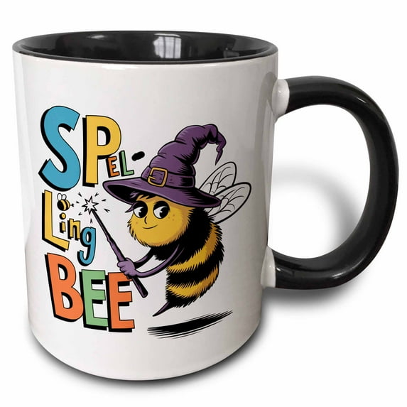 3drose, Funny Cool Bee Wizard with Magic Wand Is a Spelling Bee Satire, 11oz Two-tone Black Mug