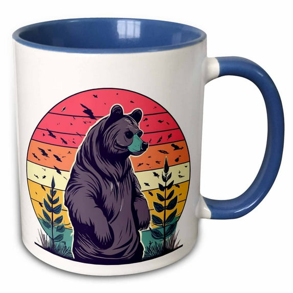 3drose, Funny Cool Black Bear Retro Sunrise Nature Abstract Art Hiking, 11oz Two-tone Blue Mug