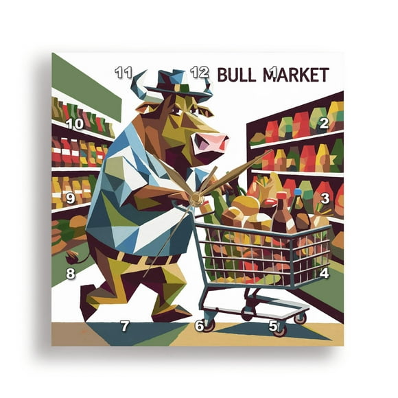 3dRose, Funny Cool Bull Shopping Cart at the Market Bull Market Pun Abstract, 10x10 Wall Clock