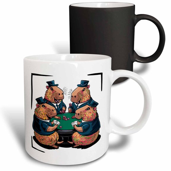 3drose, Funny Cool Capybaras Playing Poker Card Game Gambling Abstract, 11oz Magic Transforming Mug