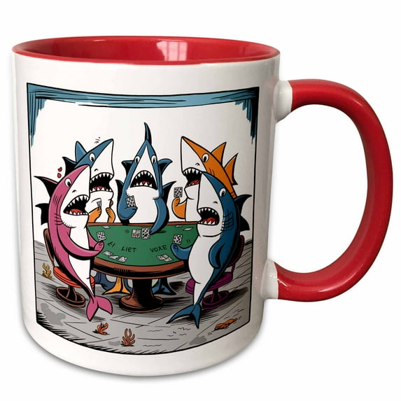 3drose, Funny Cool Card Sharks Playing Poker Card Game Gambling Abstract, 11oz Two-tone Red Mug