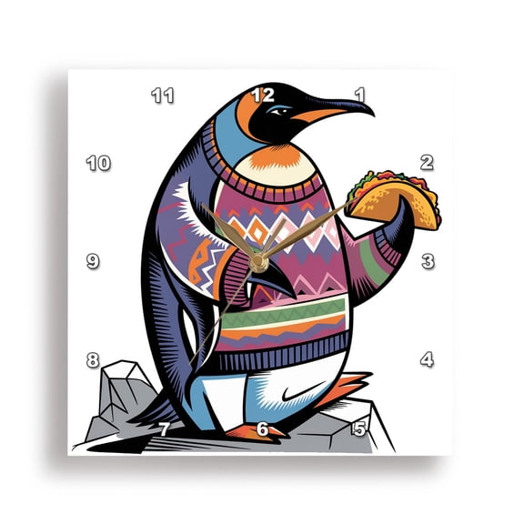 3dRose, Funny Cool Colorful Baby Fat King Penguin eating a Taco Abstract, 15x15 Wall Clock