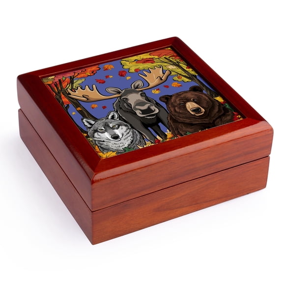 3dRose, Funny Cool Colorful Moose, Wolf, and Bear and Fall Leaves Abstract Art, Jewelry Box 5.5x5.5 inch with 4 inch tile