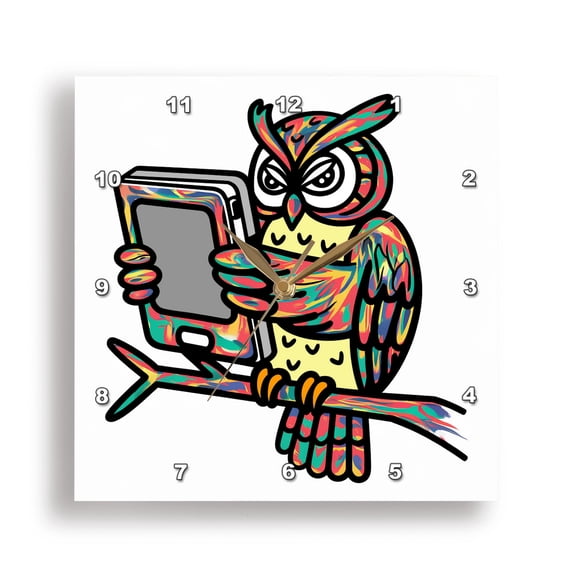 3dRose, Funny Cool Colorful Owl Bird Reading Book on Ereader Graffiti Art, 15x15 Wall Clock