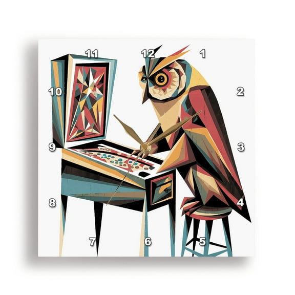 3dRose, Funny Cool Colorful Owl Playing Pinball Machine Game Abstract, 15x15 Wall Clock
