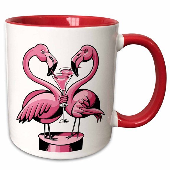 3drose, Funny Cool Colorful Pink Flamingo Birds Drinking Martinis Abstract, 11oz Two-tone Red Mug
