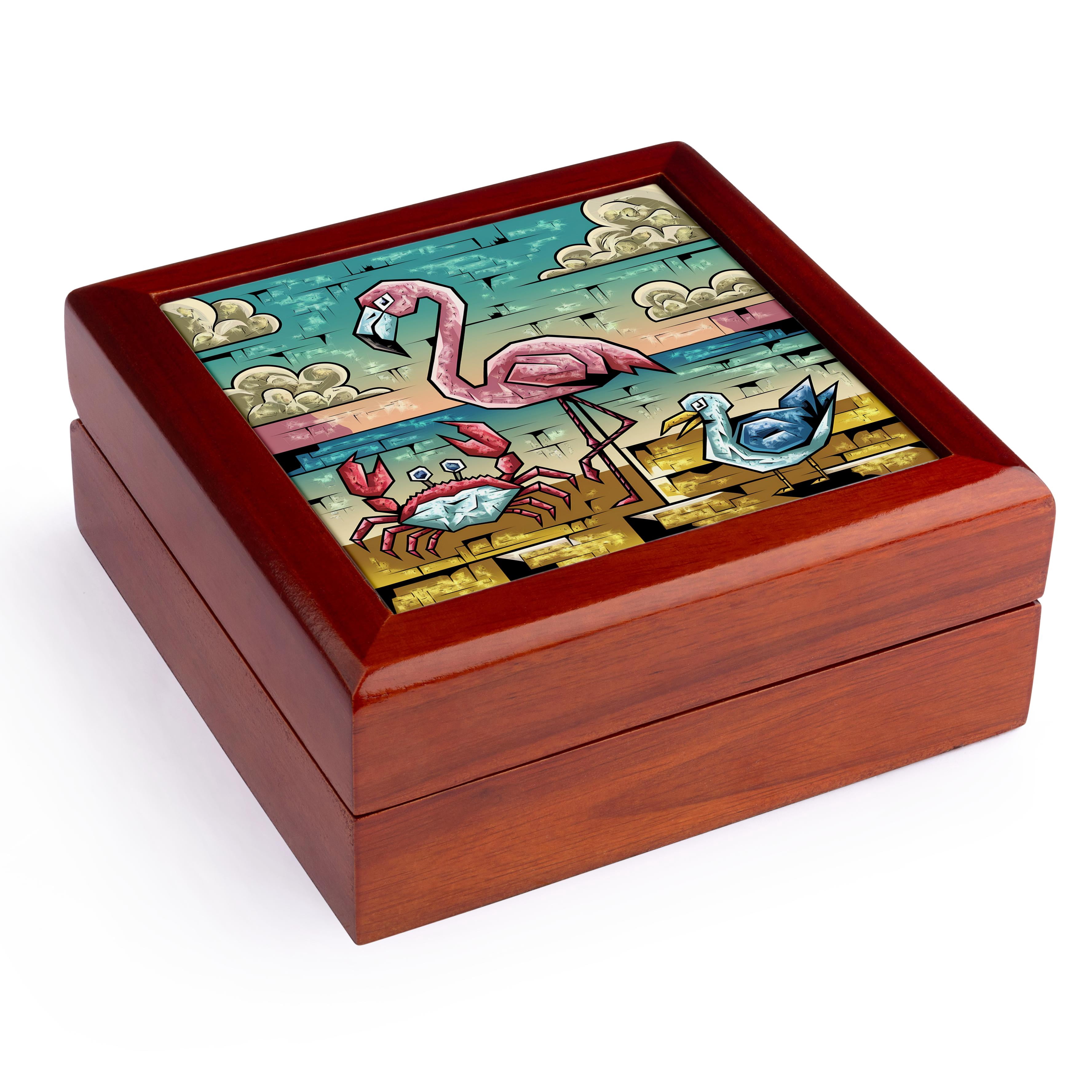 3dRose, Funny Cool Colorful Pink Flamingo and Crab and Seagull Beach Graffiti , Jewelry Box 5.5x5.5 inch with 4 inch tile