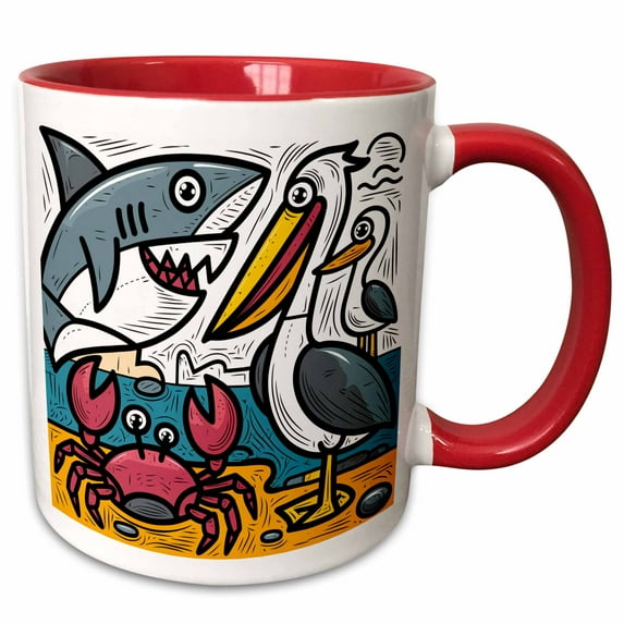 3drose, Funny Cool Colorful Shark and Pelican and Crab Beach Graffiti Abstract, 11oz Two-tone Red Mug