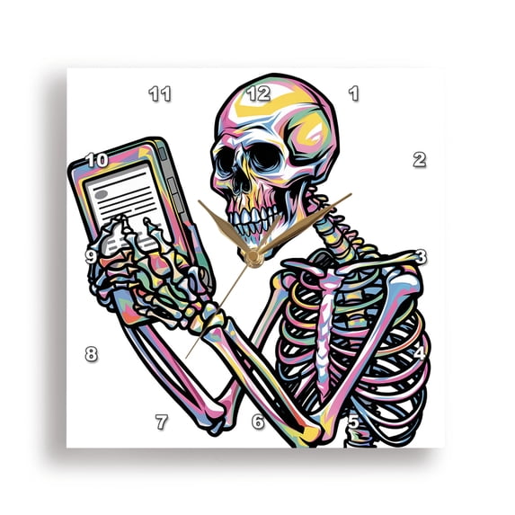 3dRose, Funny Cool Colorful Skeleton Reading Book on Ereader Graffiti Art, 10x10 Wall Clock