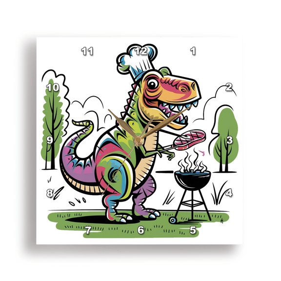 3dRose, Funny Cool Colorful T-rex Dinosaur Master Griller Abstract Satire, 15x15 Wall Clock