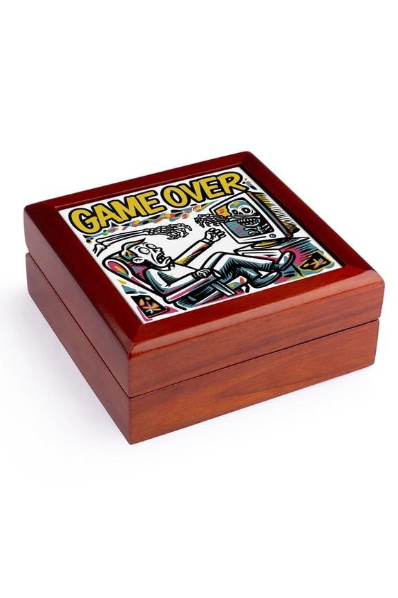 , Funny Cool Gamer Dude Playing Video Games Monsters Game Over Graffiti , Jewelry Box 5.5x5.5 inch with 4 inch tile