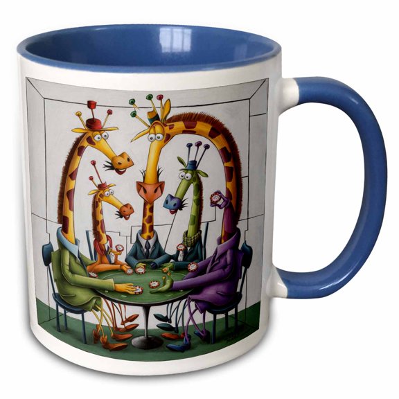 3drose, Funny Cool Giraffes Playing Poker Card Game Gambling Abstract, 15oz Two-tone Blue Mug