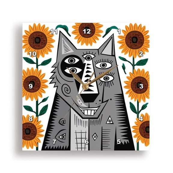 3dRose, Funny Cool Grinning Grey Wolf with Sunflowers Animals Cubism Abstract, 15x15 Wall Clock