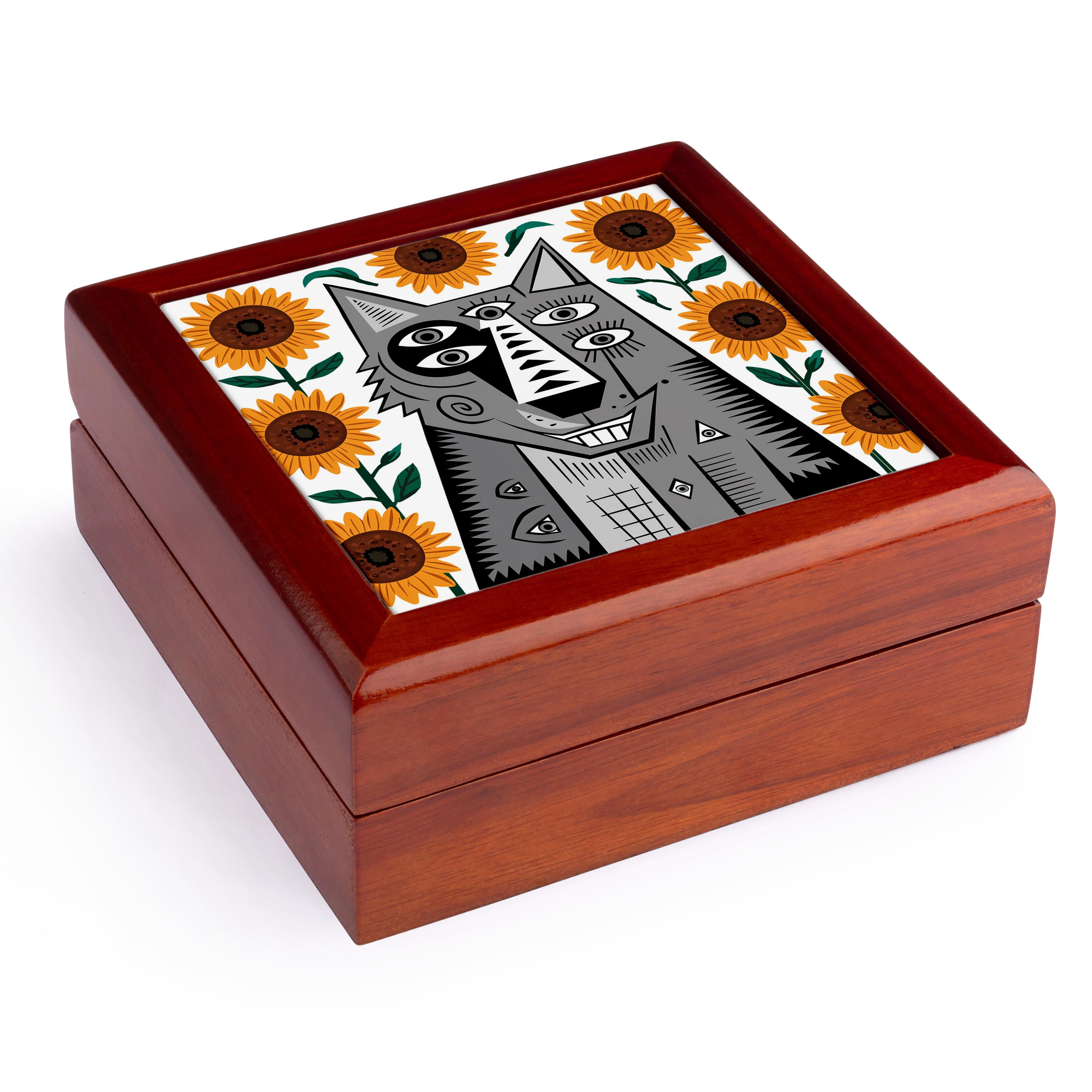 3dRose, Funny Cool Grinning Grey Wolf with Sunflowers Animals Cubism Abstract, Jewelry Box 5.5x5.5 inch with 4 inch tile