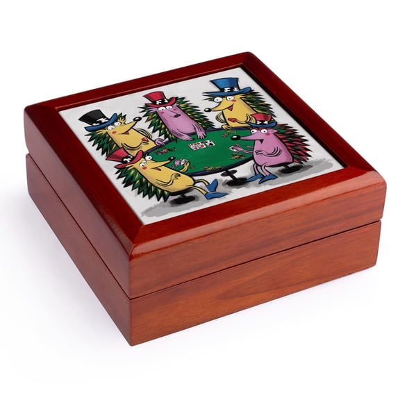 3dRose, Funny Cool Hedgehogs Playing Poker Card game Gambling Abstract, Jewelry Box 5.5x5.5 inch with 4 inch tile
