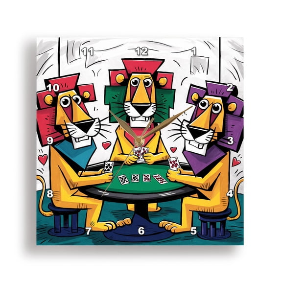 3dRose, Funny Cool Lions Playing Poker Card game Gambling Abstract, 15x15 Wall Clock