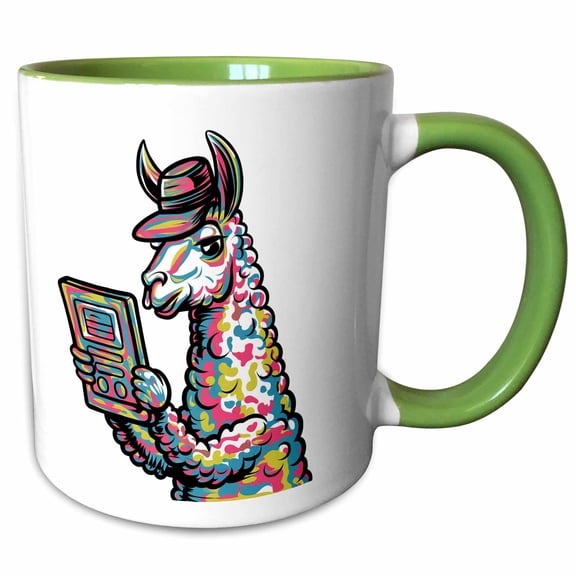 3drose, Funny Cool Llama Reading with Electronic Reader Book Graffiti Abstract, 11oz Two-tone Green Mug